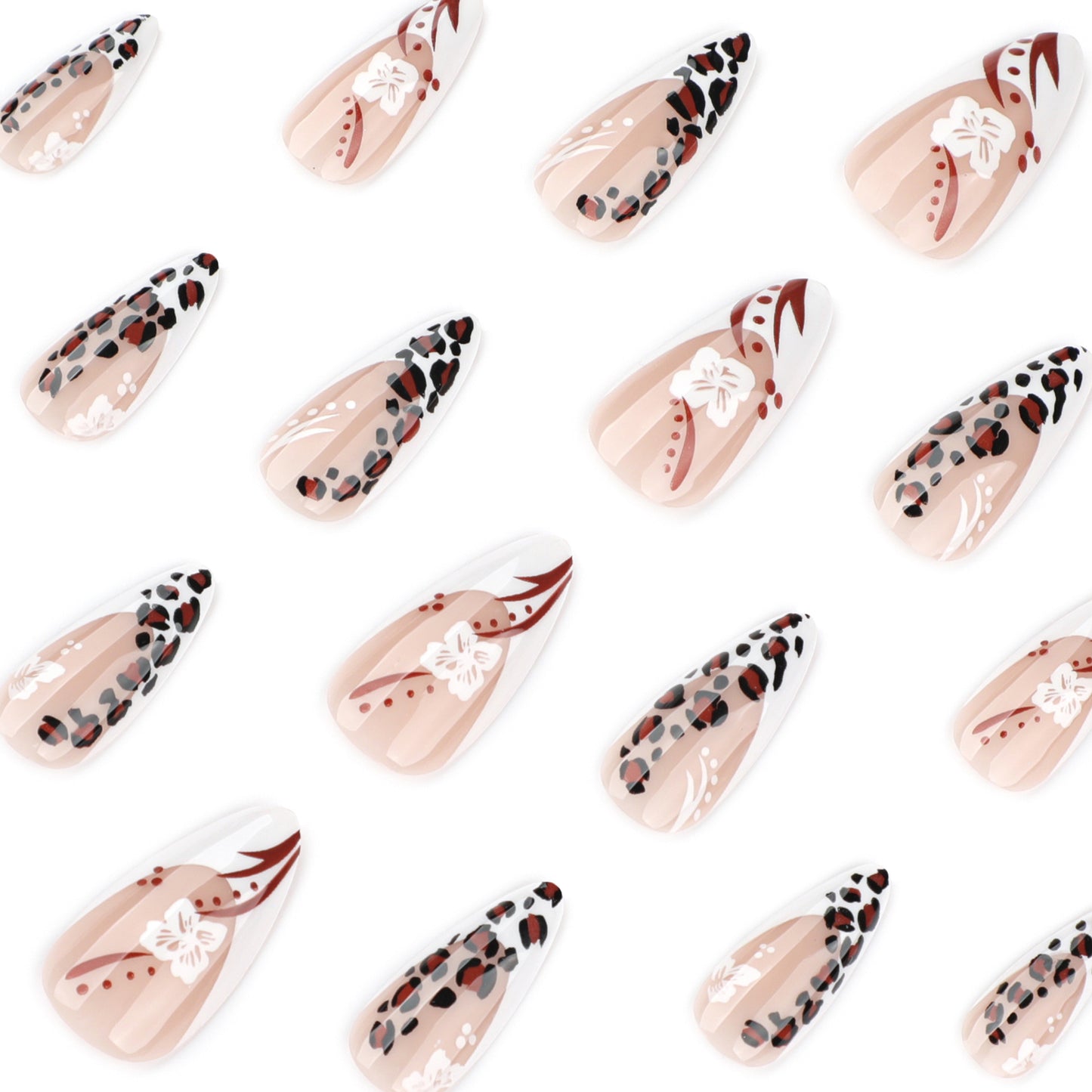 Leopard print short almond French white flower press-on nails