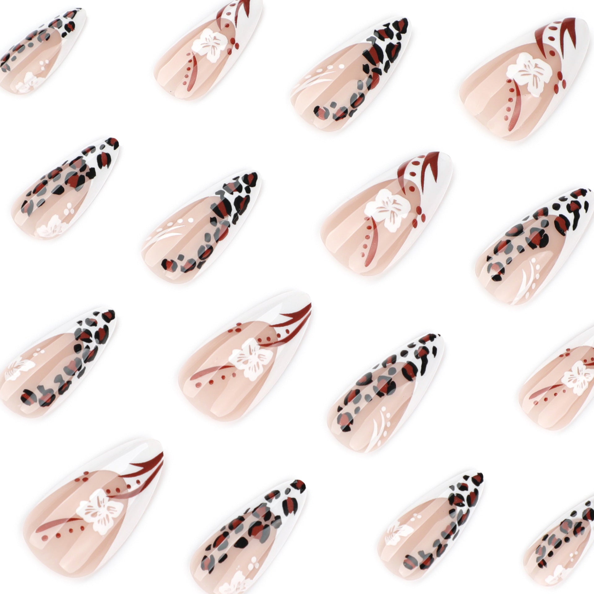 Leopard print short almond French white flower press-on nails