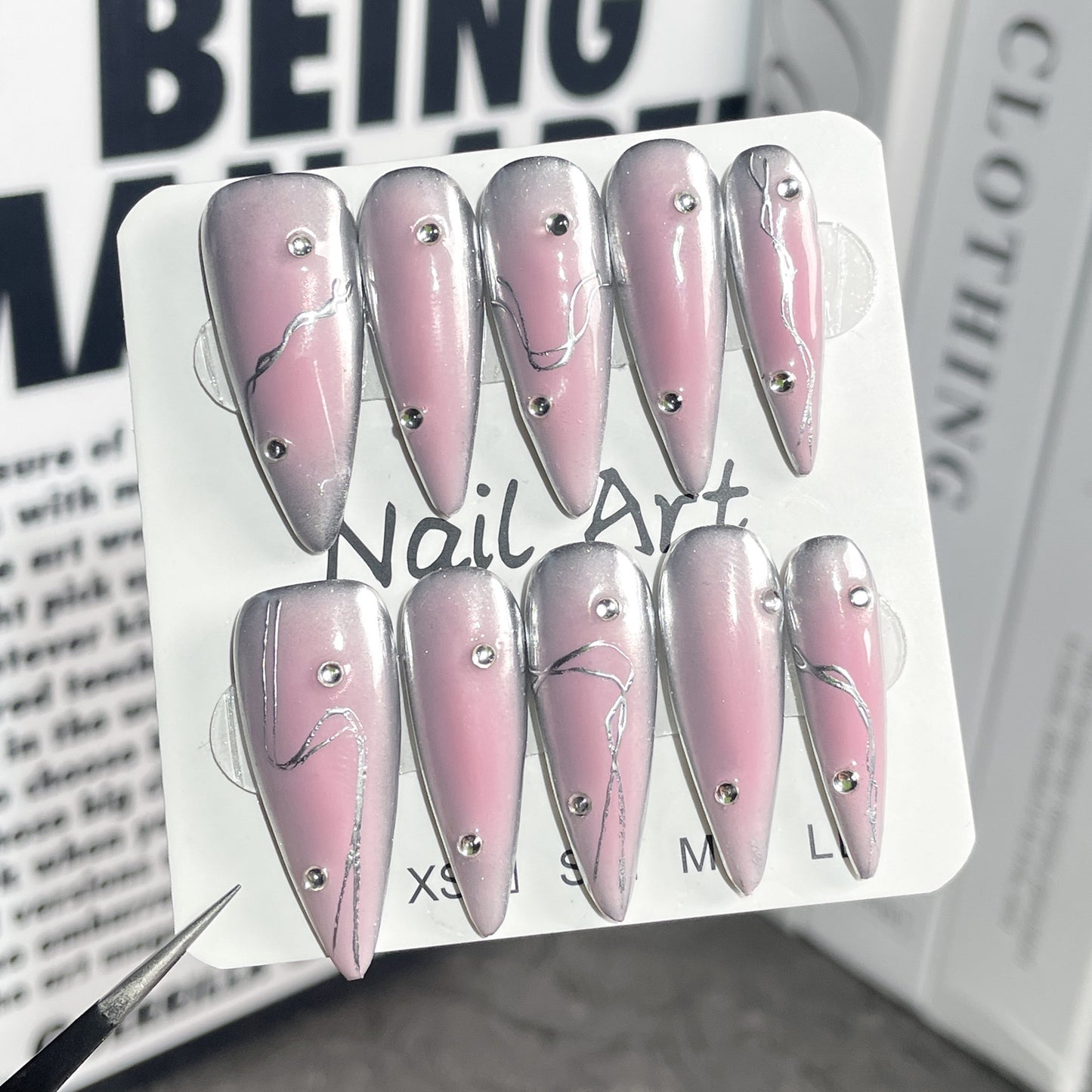 Handmade Press-on Nails Sweet Cool Spice Girl Blush Nail Metal Style Long Tip Nail Patch Wholesale|365nails