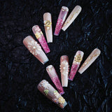 Title Blushing Sakura Glow | Pink-Gold Floral Art Series Press-On Nails