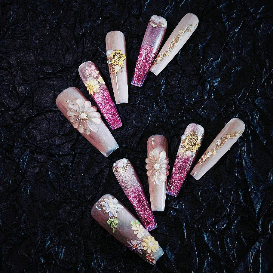 Title Blushing Sakura Glow | Pink-Gold Floral Art Series Press-On Nails