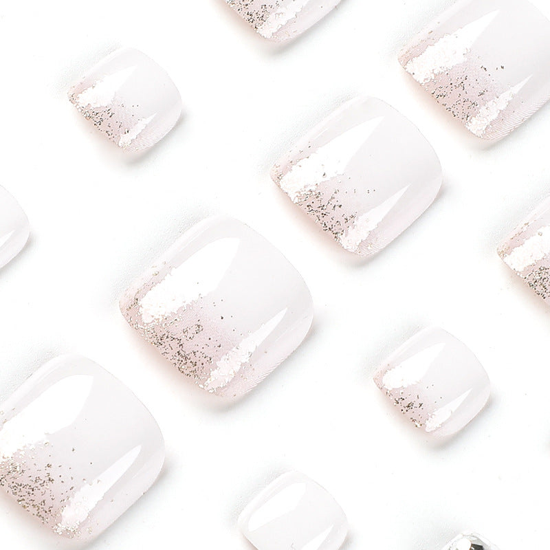 Nail piece Finished short white foot nail piece Wearable manicure patch Glitter rhinestone wearable nail piece Summer|365nails