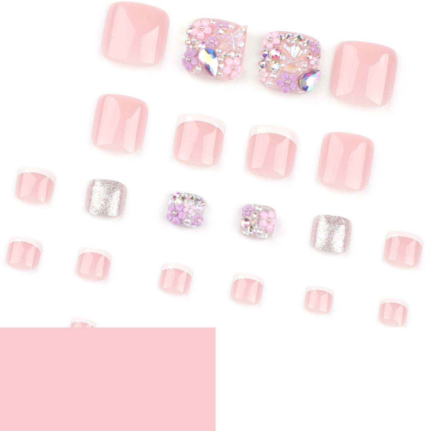 Uñas blancas francesas para los pies, diseño tridimensional con punta de flor, manicura para pies, uñas postizas cortas, uñas para los pies | 365nails