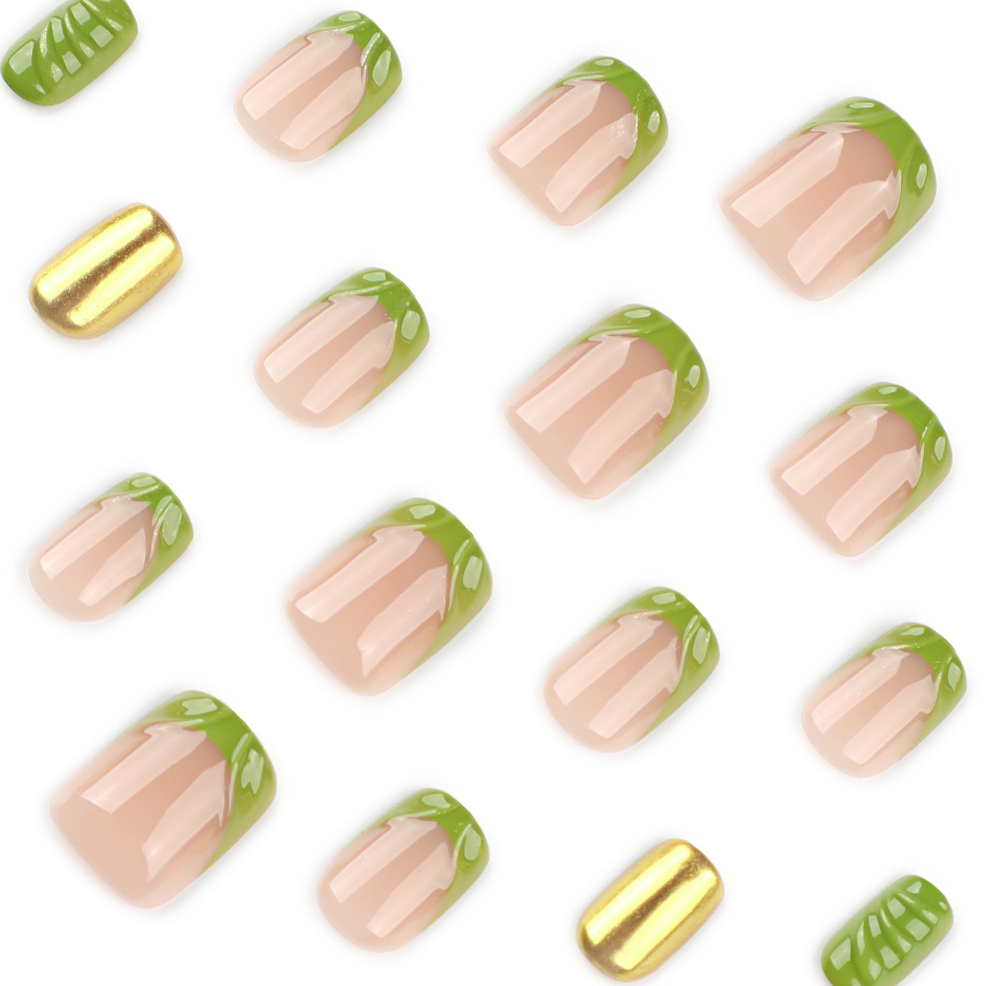 Fresh French Green 3D Gold Mirror Pink Short Square press-on nails