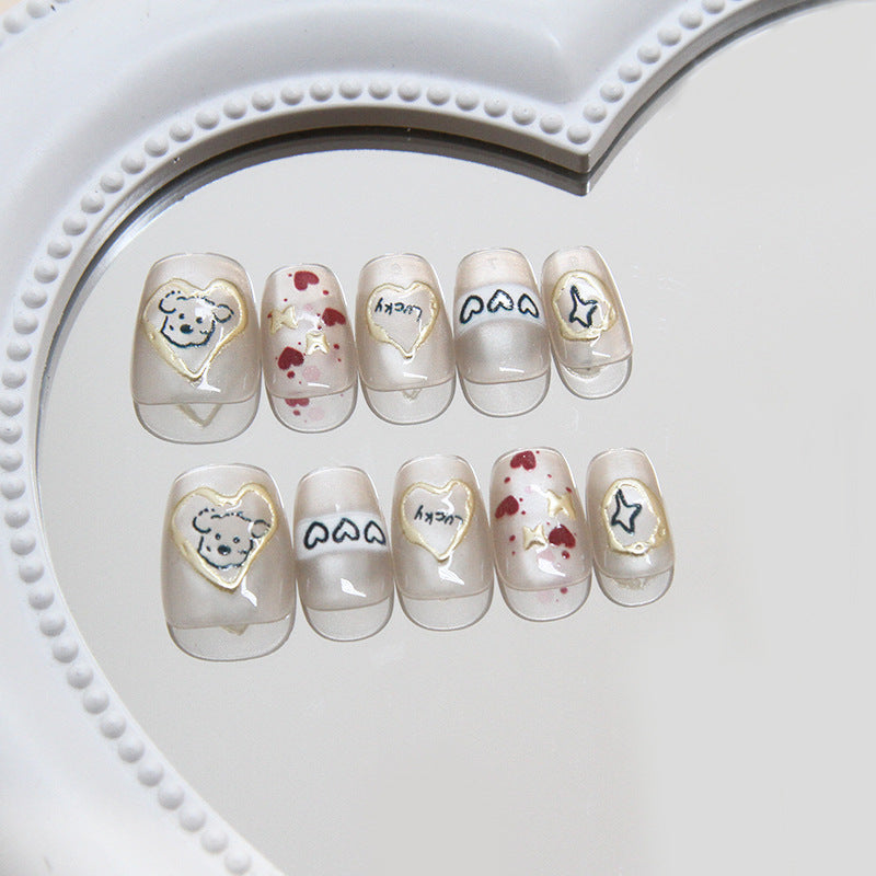 Nail Tips prefabricated nail cartoon press on nails line puppy chasing light cat eye three-dimensional nail short T nail patch |365nails
