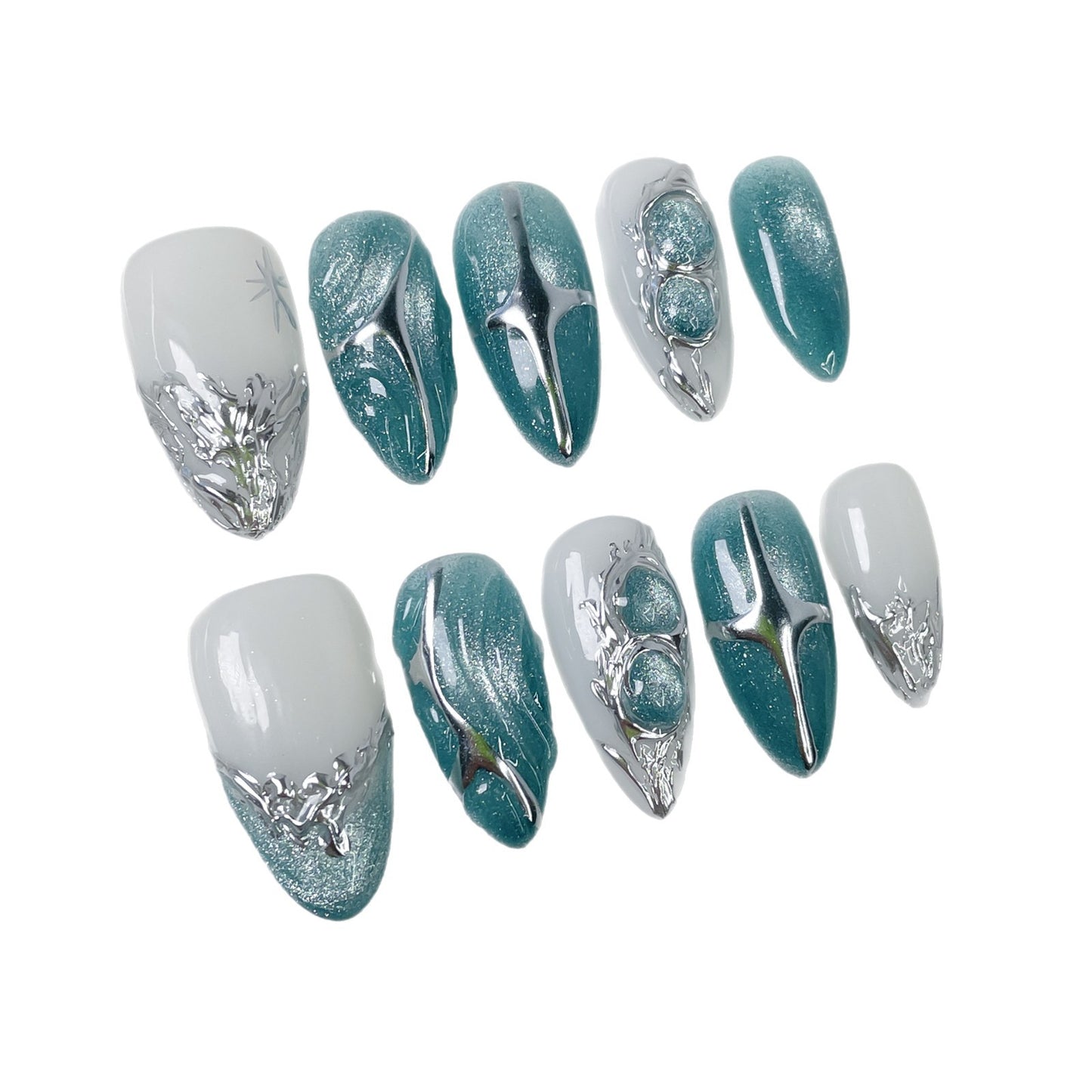 Almond ice through cat eye metal relief press-on nails pure handmade |365nails
