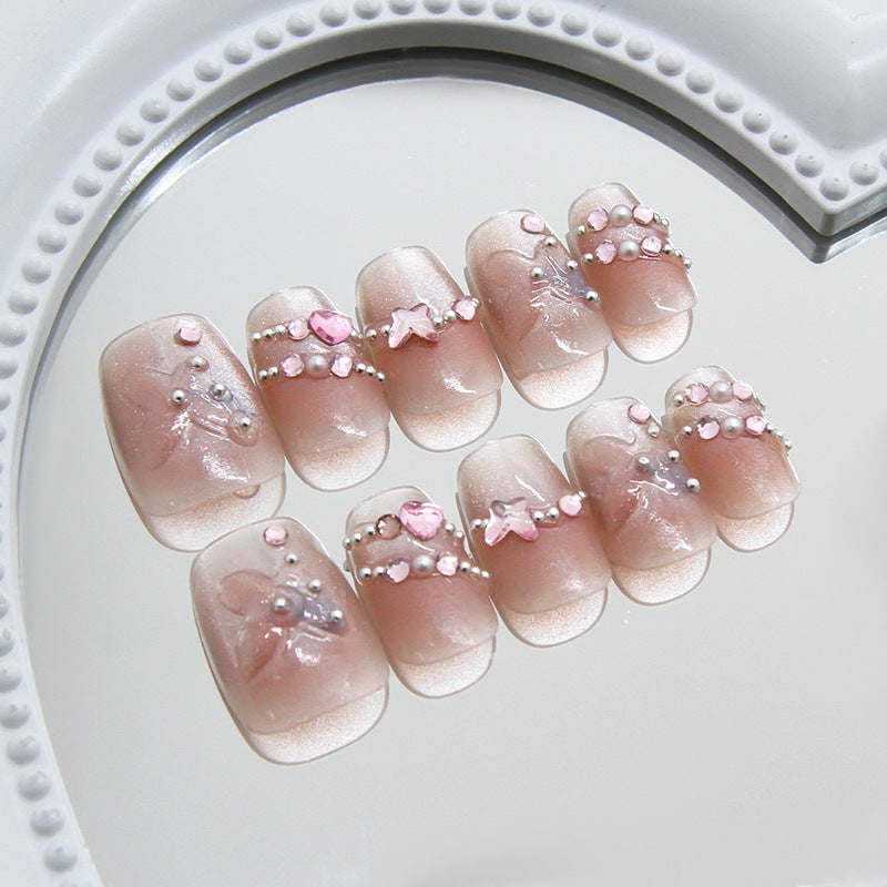 Nail Tips prefabricated nail bright three-dimensional butterfly gradual change French cat eye sweet white diamond removable manicure 30 pieces|365nails