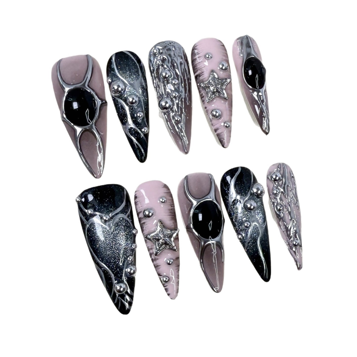 Long pointed nail art metal hand-painted relief sweet cool babes cat eye press-on nails pure handmade wholesale|365nails
