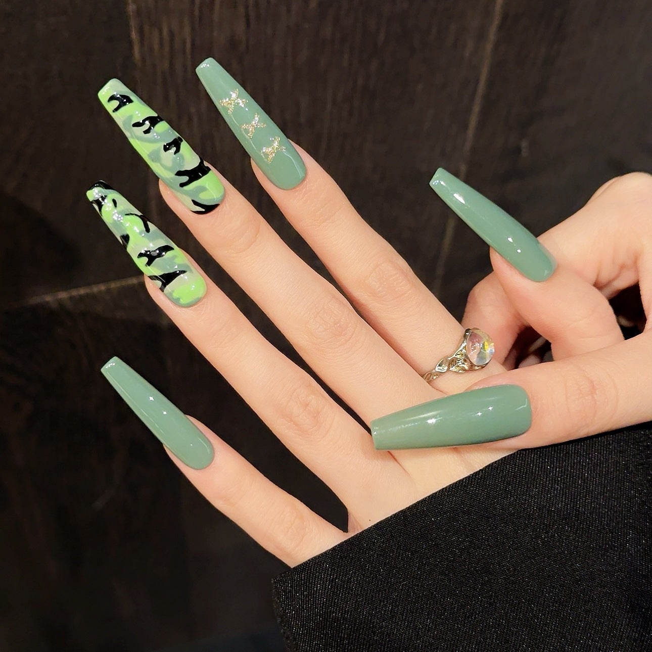 Unhas postiças pintadas à mão, camuflagem, primavera-verão, verde-exército, beleza, unhas removíveis | 365nails