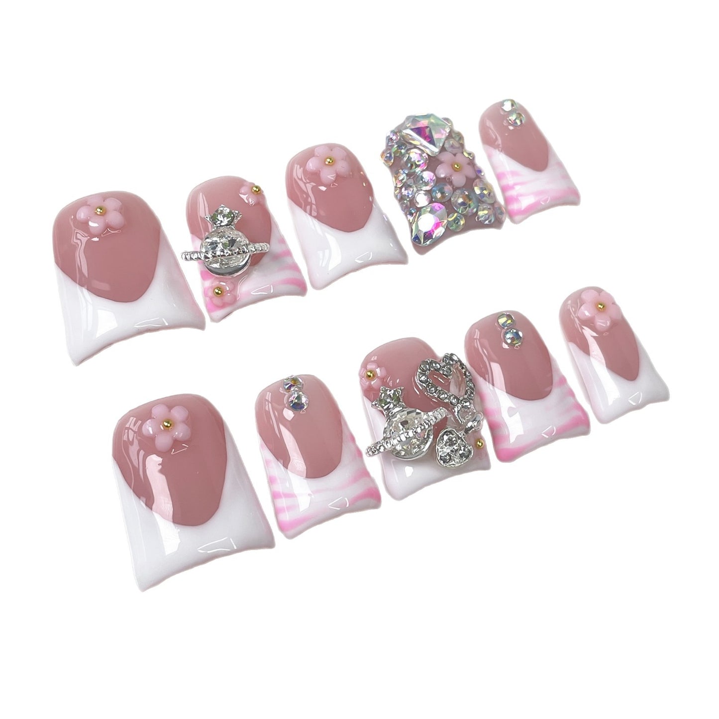 Uña con forma de pico de pato, manicura francesa dulce y sencilla, repleta de diamantes, destellos de hielo, uñas postizas hechas a mano de alta gama|365nails