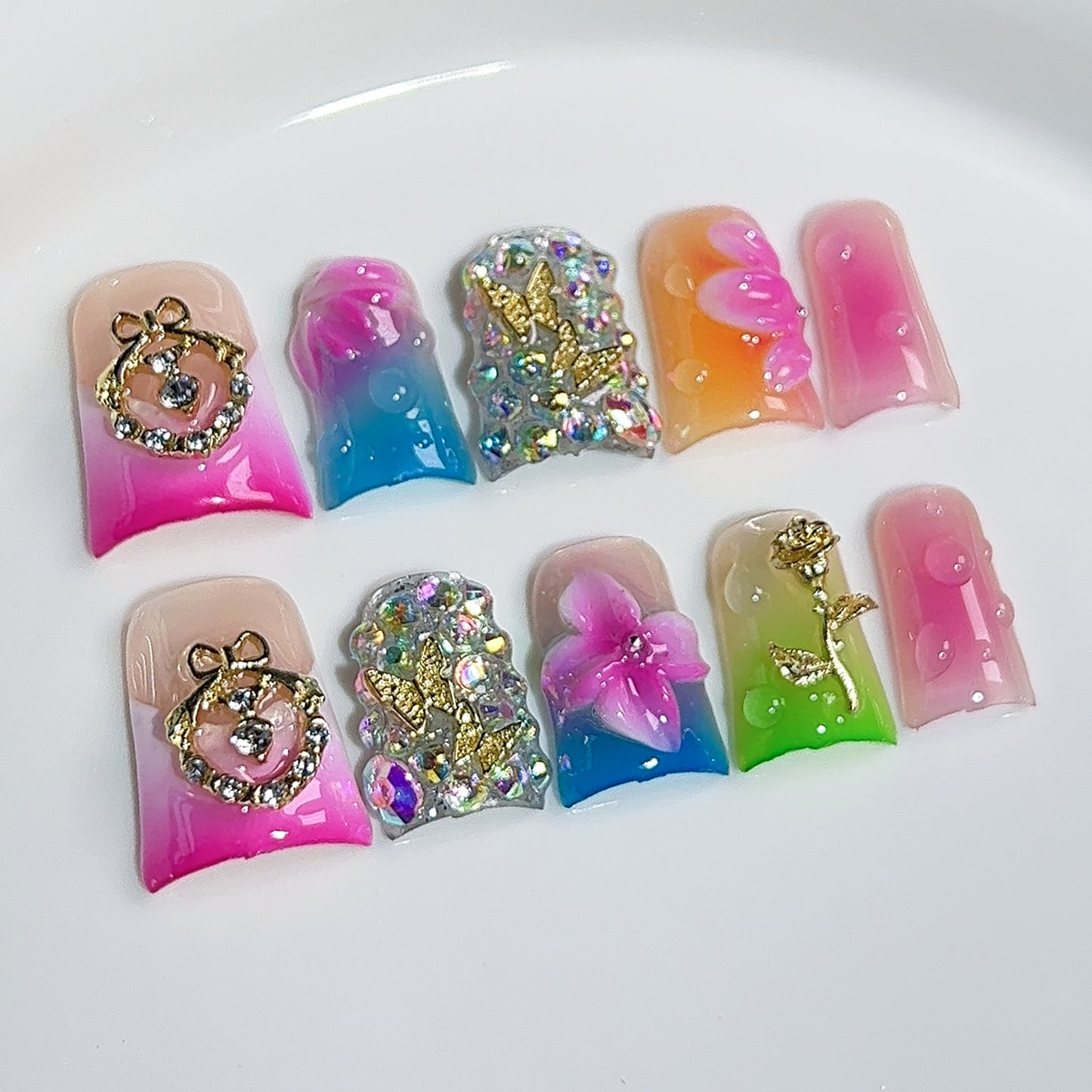 Duck bill nail three-dimensional carving ice transparent blush nail multi-color gradual change press-on nails pure handmade wholesale|365nails