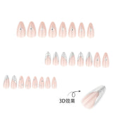 French 3D Silver Metallic Wind Pink Short Almond press-on nails