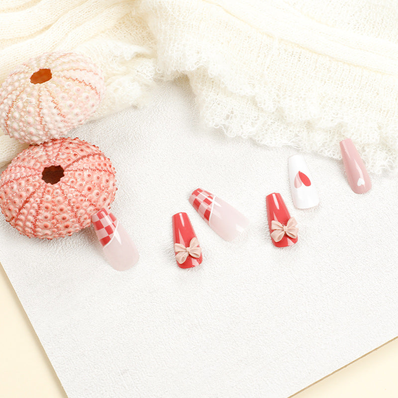 Wear nail nail patch ice through grapefruit red checkerboard nail whitening fake nail nail patch wholesale|365nails