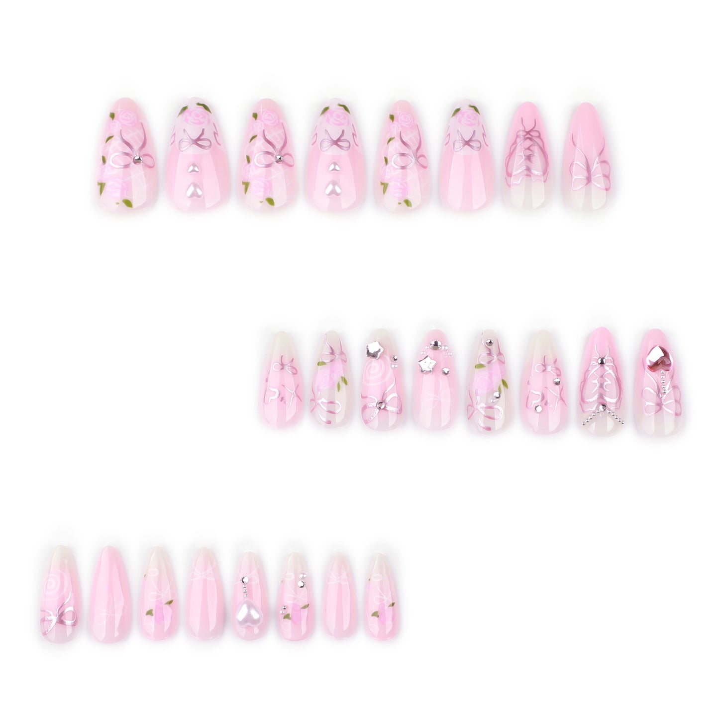Unhas falsas com diamantes brilhantes e estrelas rosa, produto finalizado em amêndoa curta, atacado |365nails