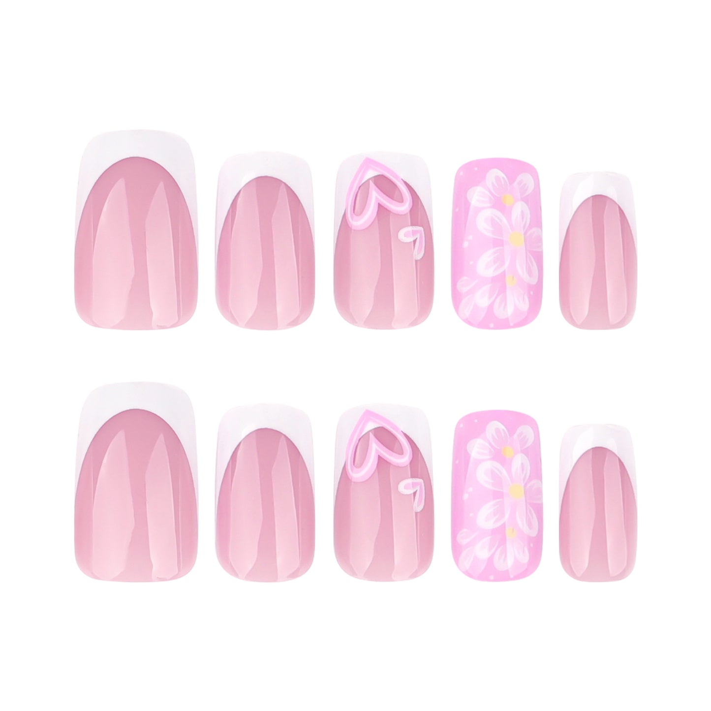 Spring and summer new products, flower love wearing nail French white manicure, medium and short square nail fake nail, hot-selling nail pieces in Europe and America|365nails