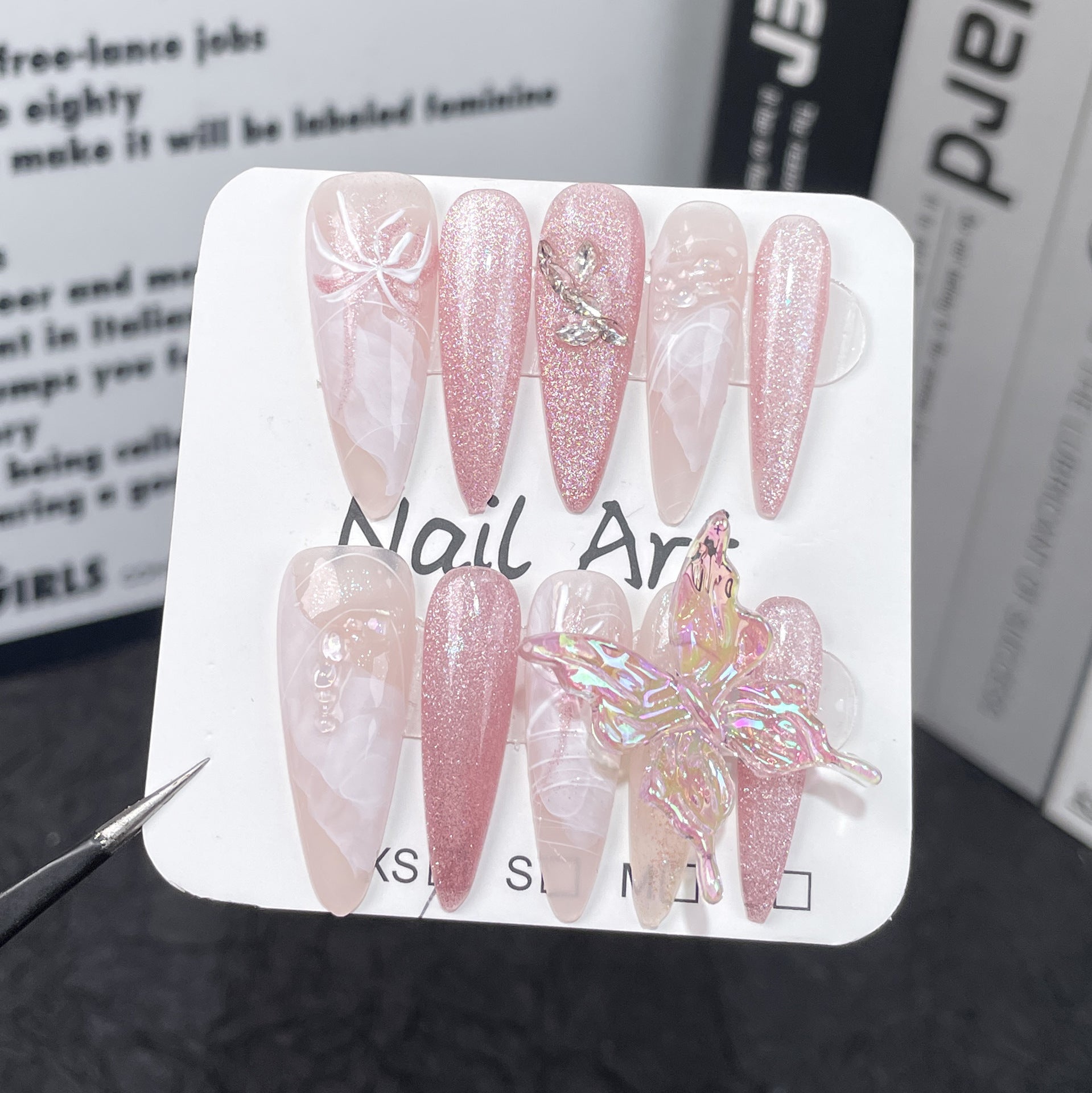 Handmade armor three-dimensional ice crystal butterfly clear feeling hand-painted watercolor smudge cat eye long tip nail art finished patch|365nails