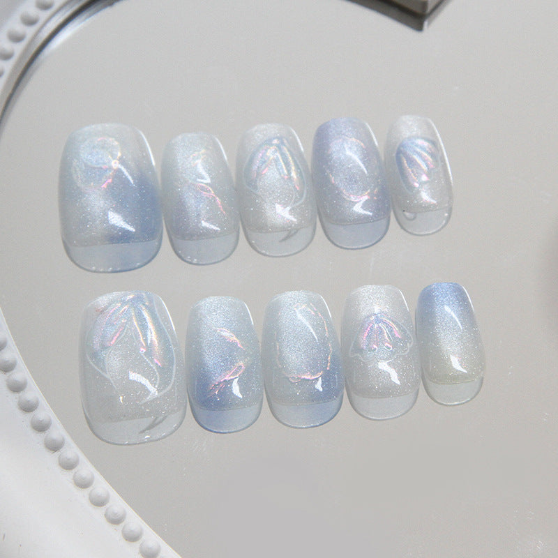 Puntas de uñas prefabricadas, uñas postizas, uñas postizas extraíbles con diseño de sirena, parche corto en T, diseño de ojo de gato |365nails