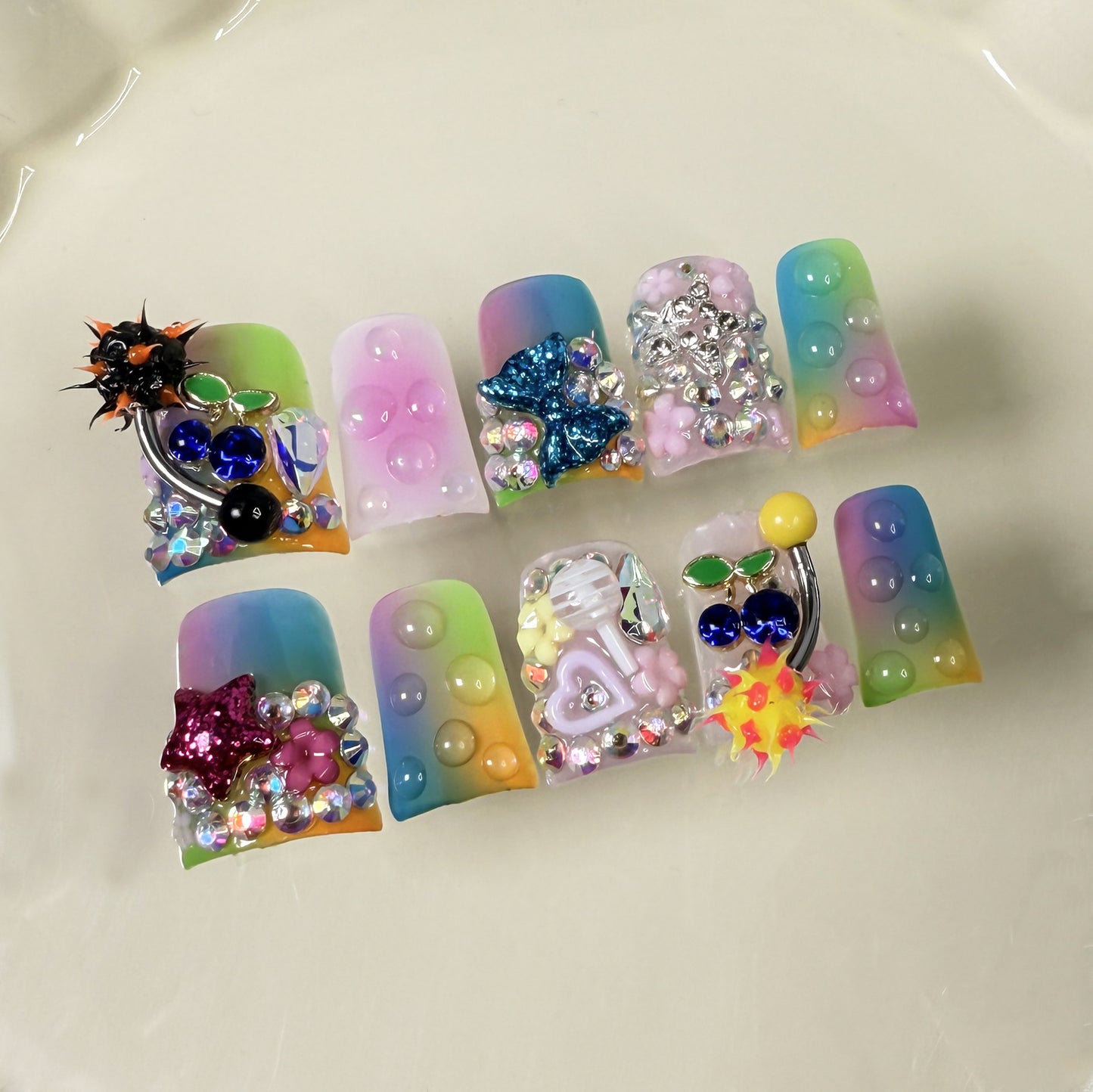 Duck bill nail multi-color gradual change blush nail ice transparent flash nail patch press-on nails pure handmade|365nails