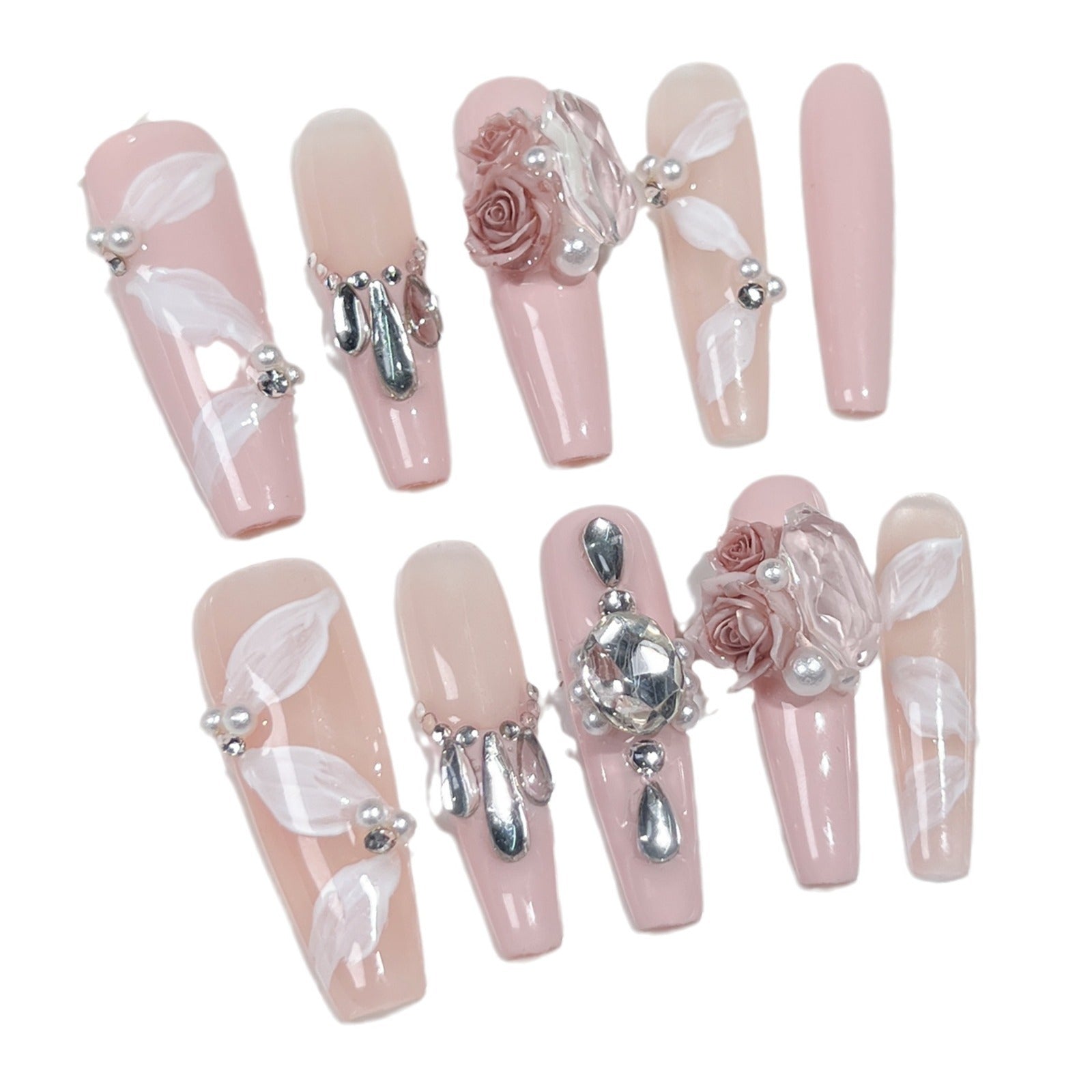 Unhas artesanais Rose Manor Atmosfera elegante Temperamento suave 40 unhas finas super longas em escada para cachorros|365nails