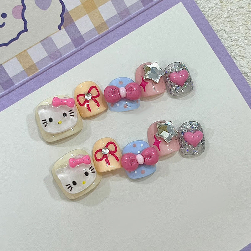 Uñas postizas con diseño de estrellas brillantes y divertidas para niños, con lazo de gato y viento | 365nails