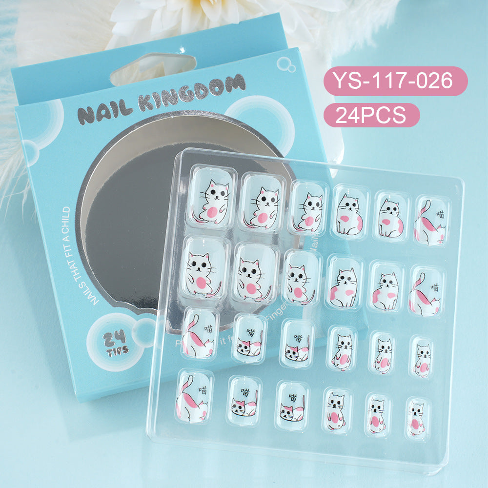 Children press on nails, cartoon 24-piece boxed finished product, sweet and cute children's removable fake nail patch manicure