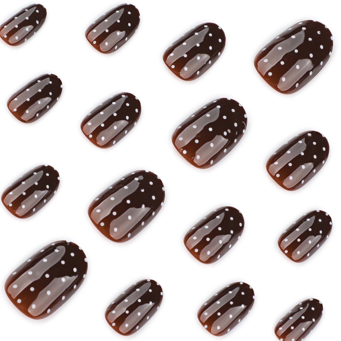 Brown autumn and winter models wear nail art fake nails white polka dots short round fake