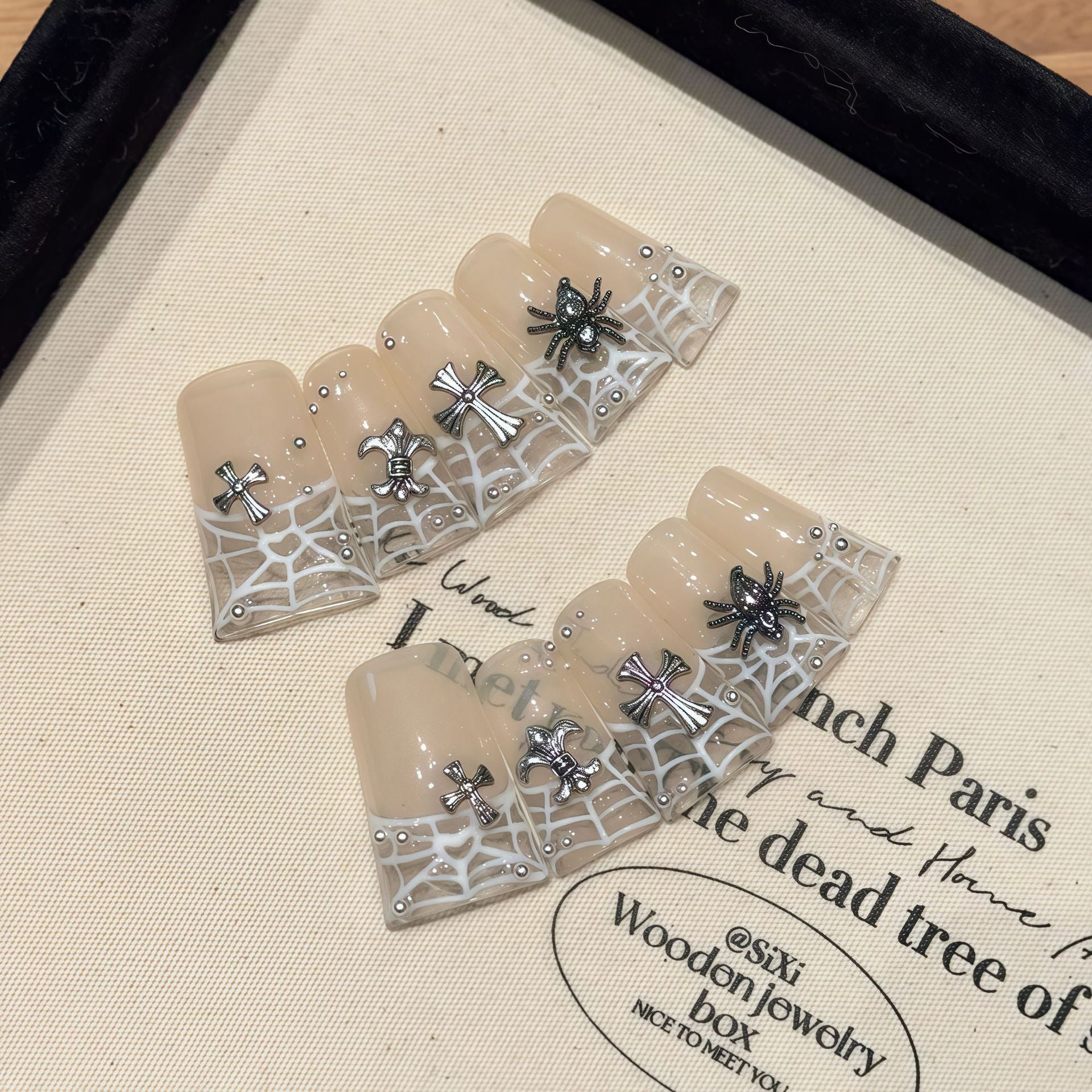 Croxin Cross Hand Painted French Spider Web  Duckbill Shape Removable Wearable nails | 365nails