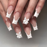 Unhas postiças removíveis com laço tridimensional, unhas médias e longas quadradas com flor 3D branca francesa fosca | 365nails