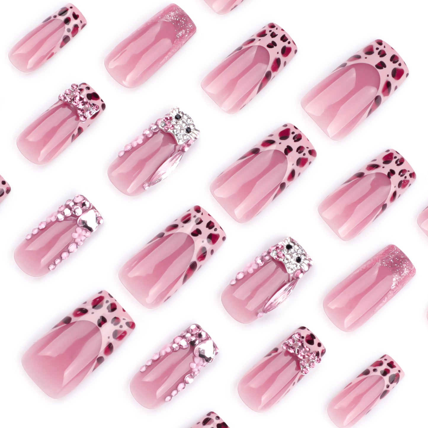 French leopard print manicure flash diamond flash cartoon cat fake nails flower bow|365nails