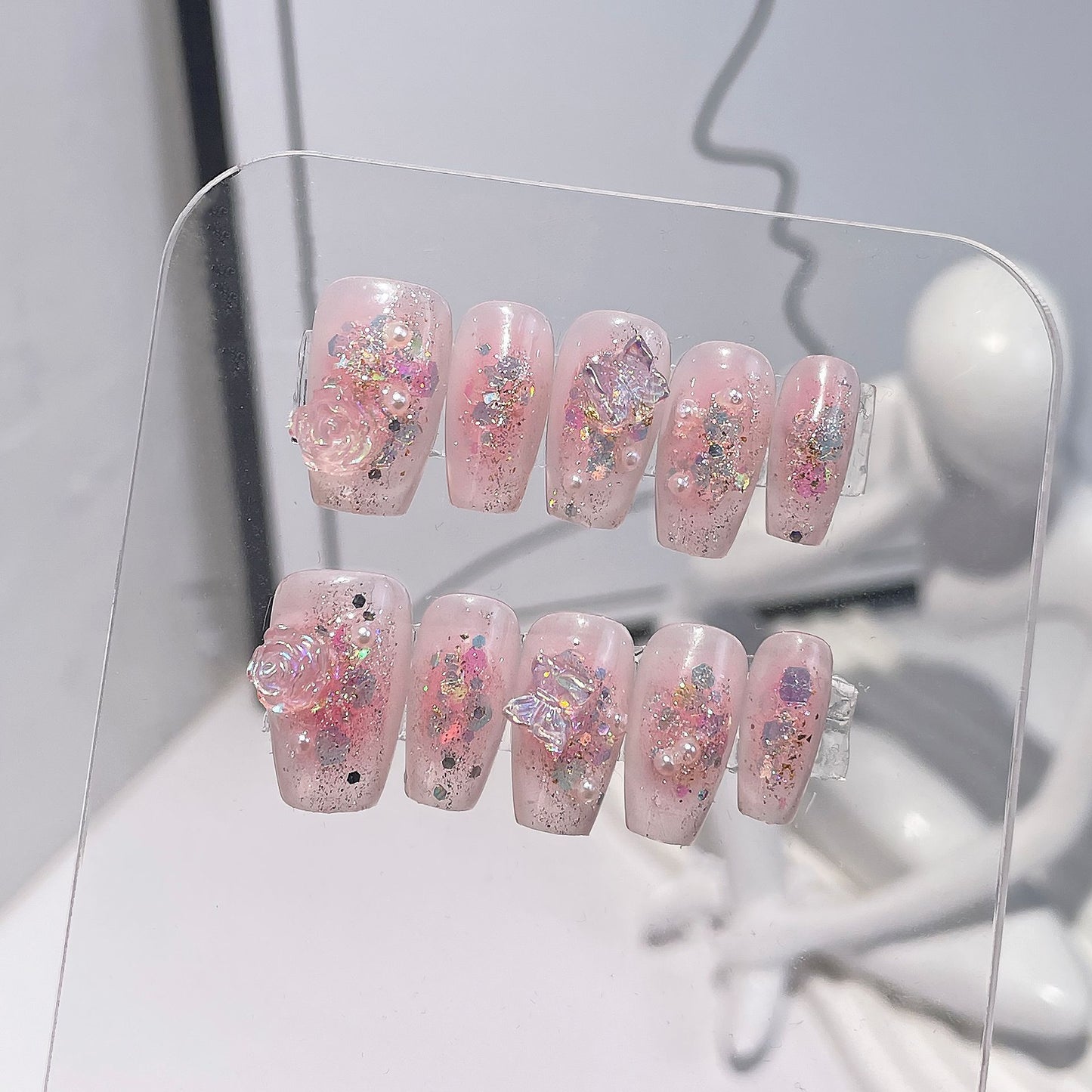 Handmade Press-on Nails blush sparkle three-dimensional camellia short nail patch wearable nail sticker wholesale|365nails