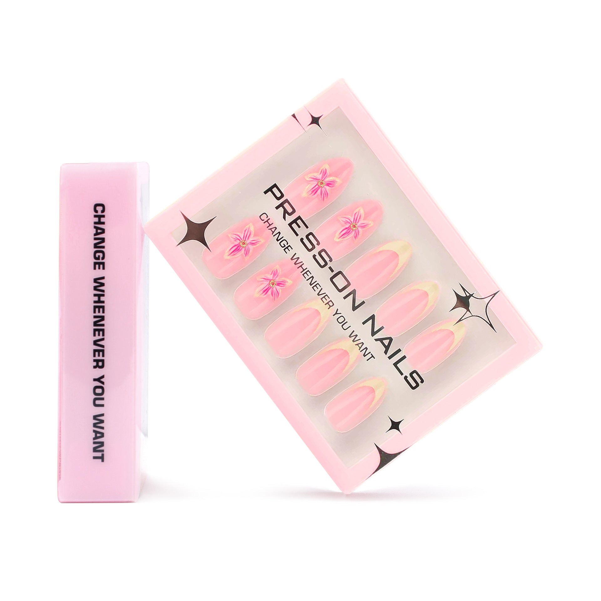 3D Stereoscopic Flower French Yellow Short Almond press-on nails