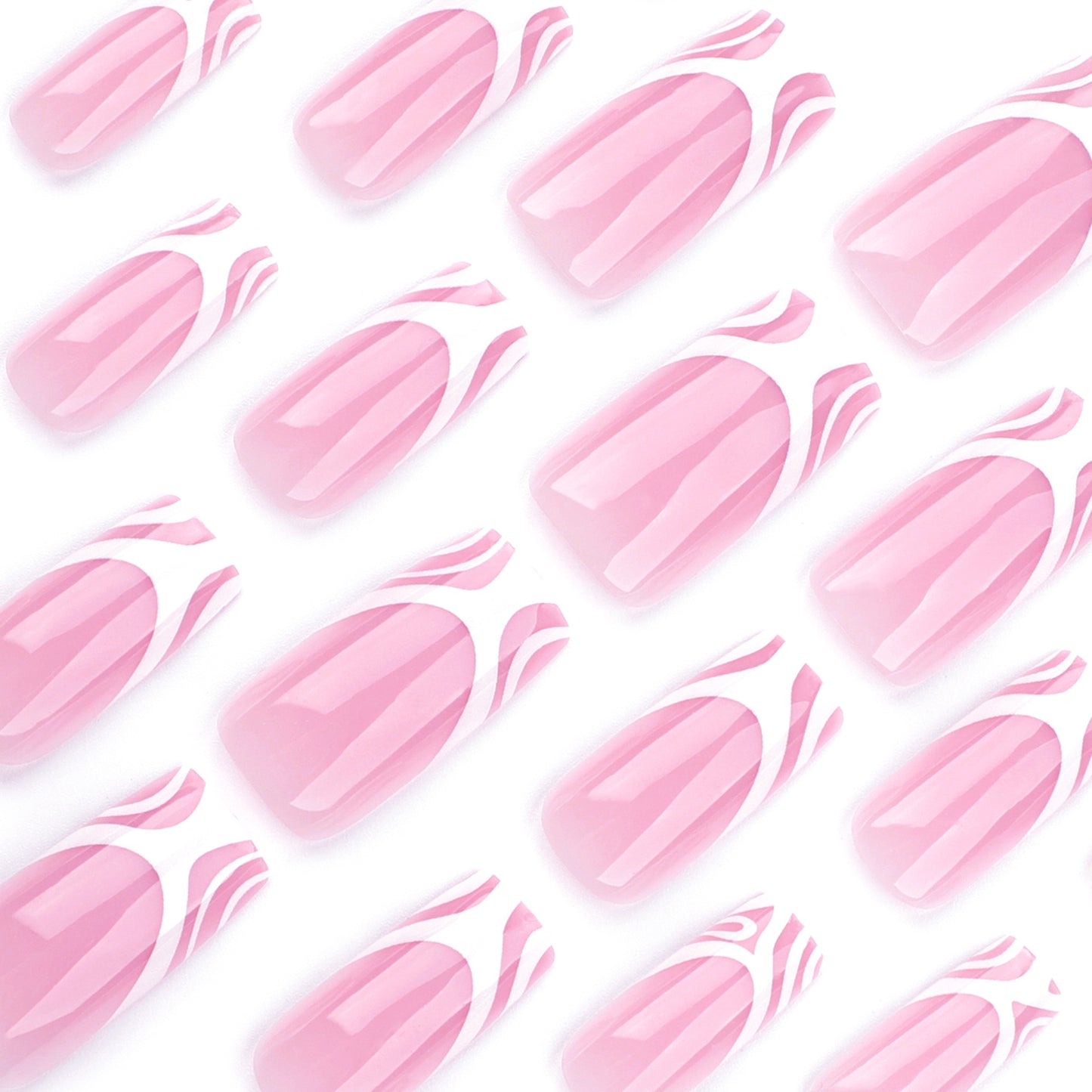 French white abstract striped manicure, fake nails, simple wearing nail pads, square pink nail patches|365nails