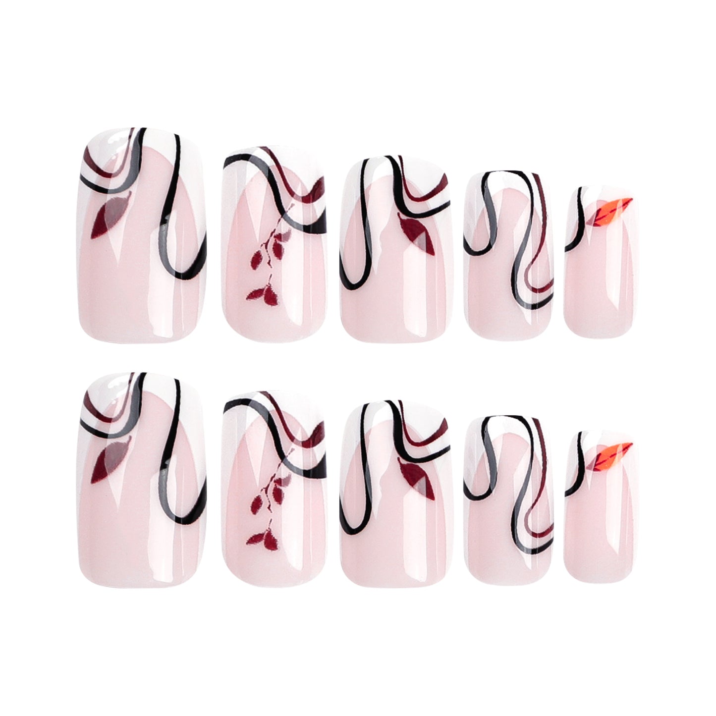 Almohadillas para uñas con borde blanco francés, hojas de hoja caduca de otoño e invierno, líneas curvas negras, almohadillas cuadradas para uñas, venta al por mayor | 365nails