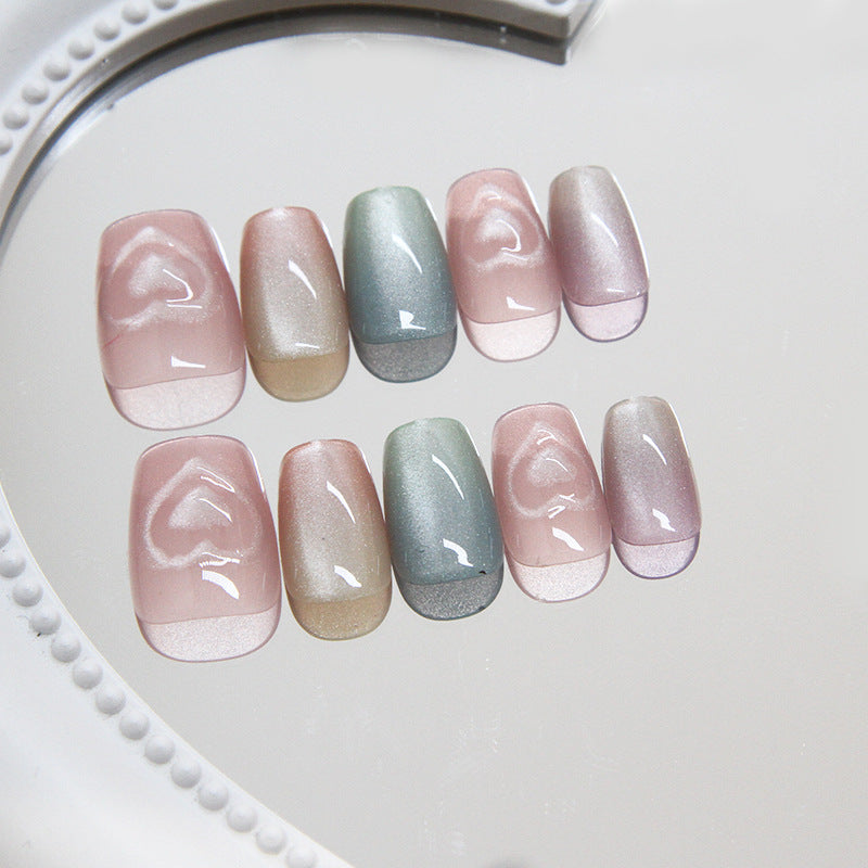 Nail Tips prefabricated nail press on nails cute cat eye removable nail piece three-dimensional love short T nail patch |365nails