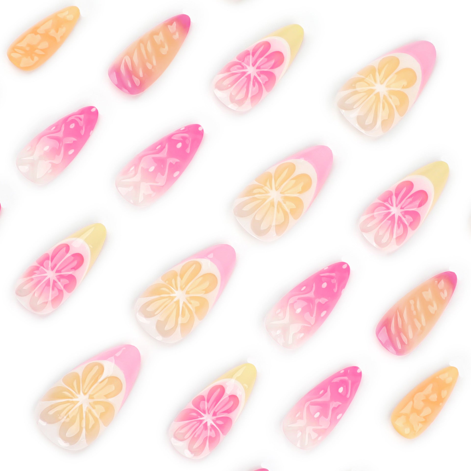 Unhas curtas de amêndoa frescas, 3D, fruta tridimensional, limão francês, laranja, atacado|365nails
