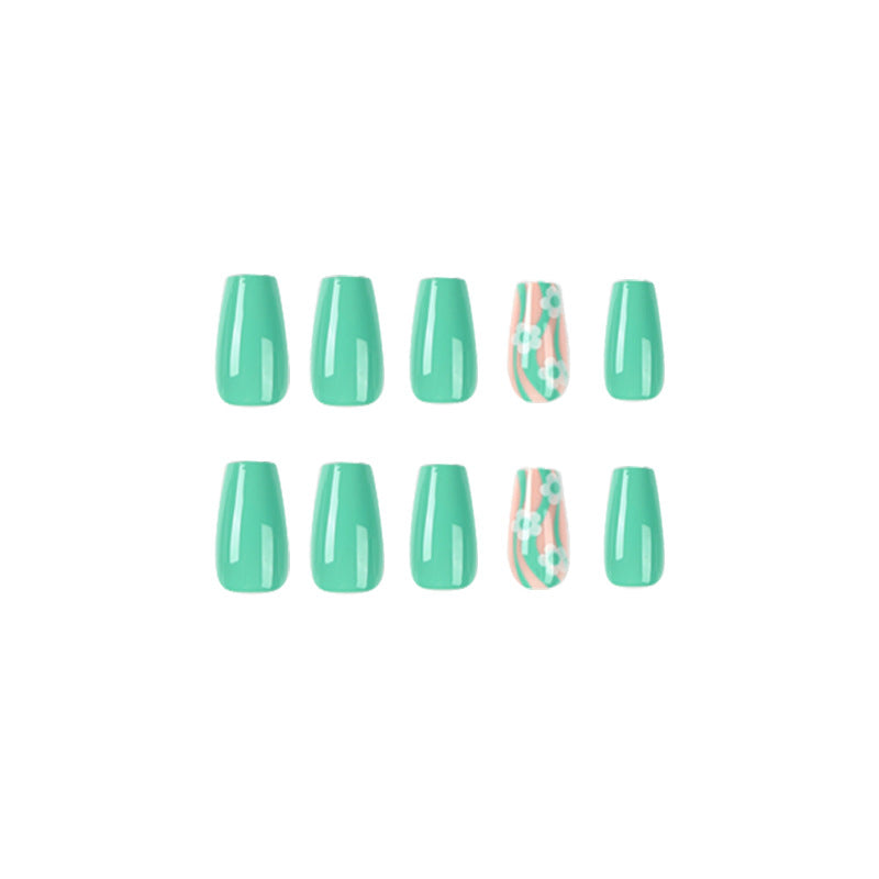 Nail Art Wholesale Short Green Wave White Flower Art Nail Piece |365nails