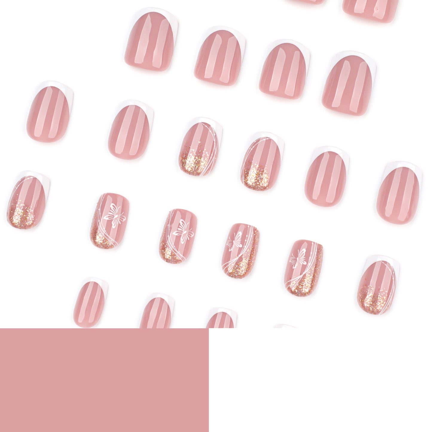 Simple French White Butterfly Gold Glitter Square press-on nails