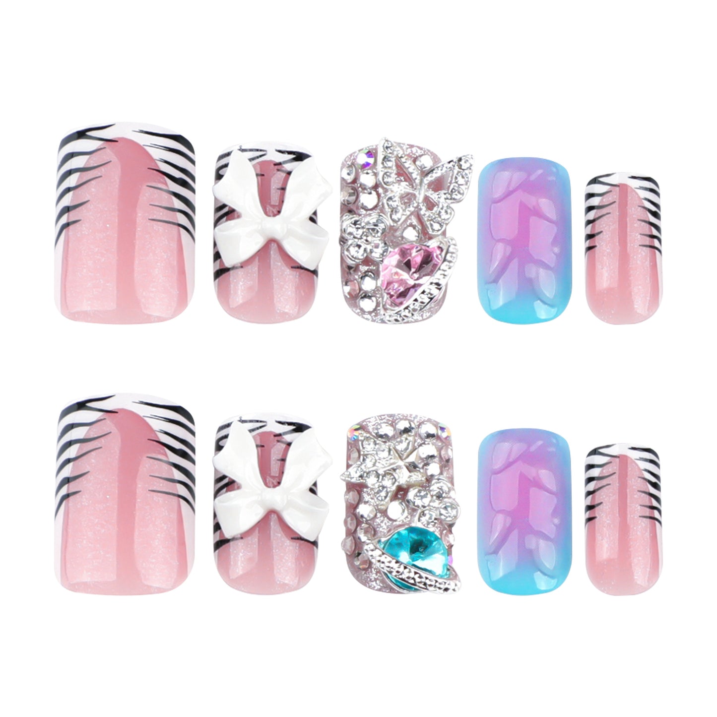 Manicura cuadrada corta con efecto de cebra en blanco y negro francés, con destellos de diamante y explosión, venta al por mayor | 365nails
