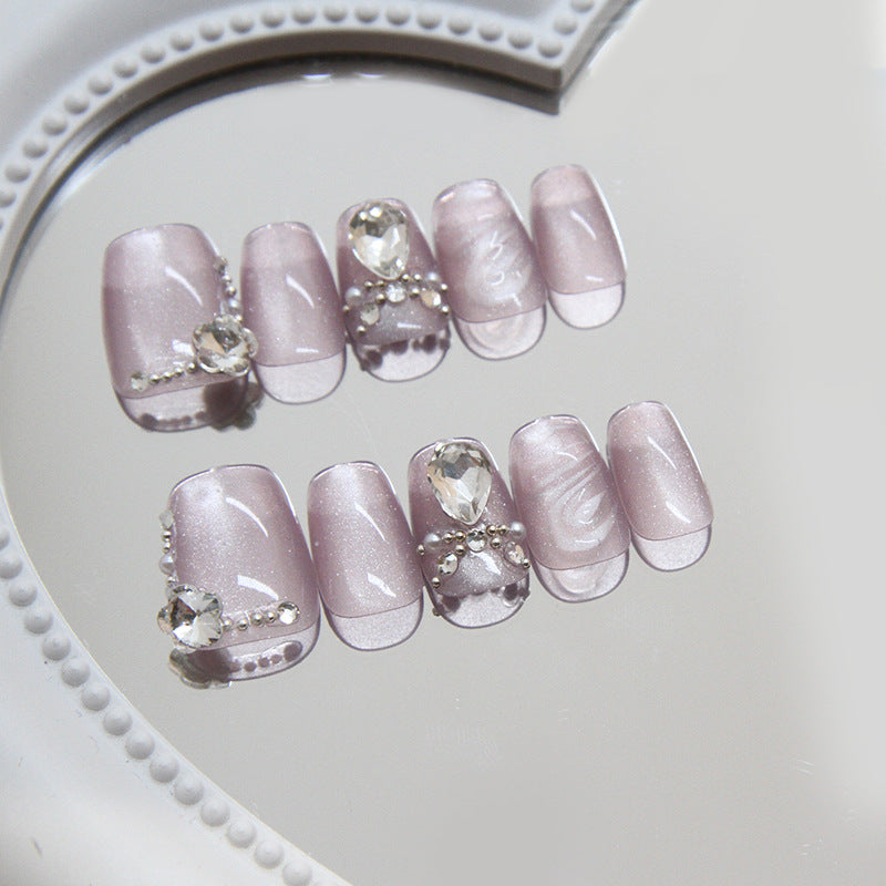 Pontas de unha pré-fabricadas, unhas postiças, peça removível de unha estilo olho de gato lavanda simples, remendo de unha curta tridimensional em T|365nails
