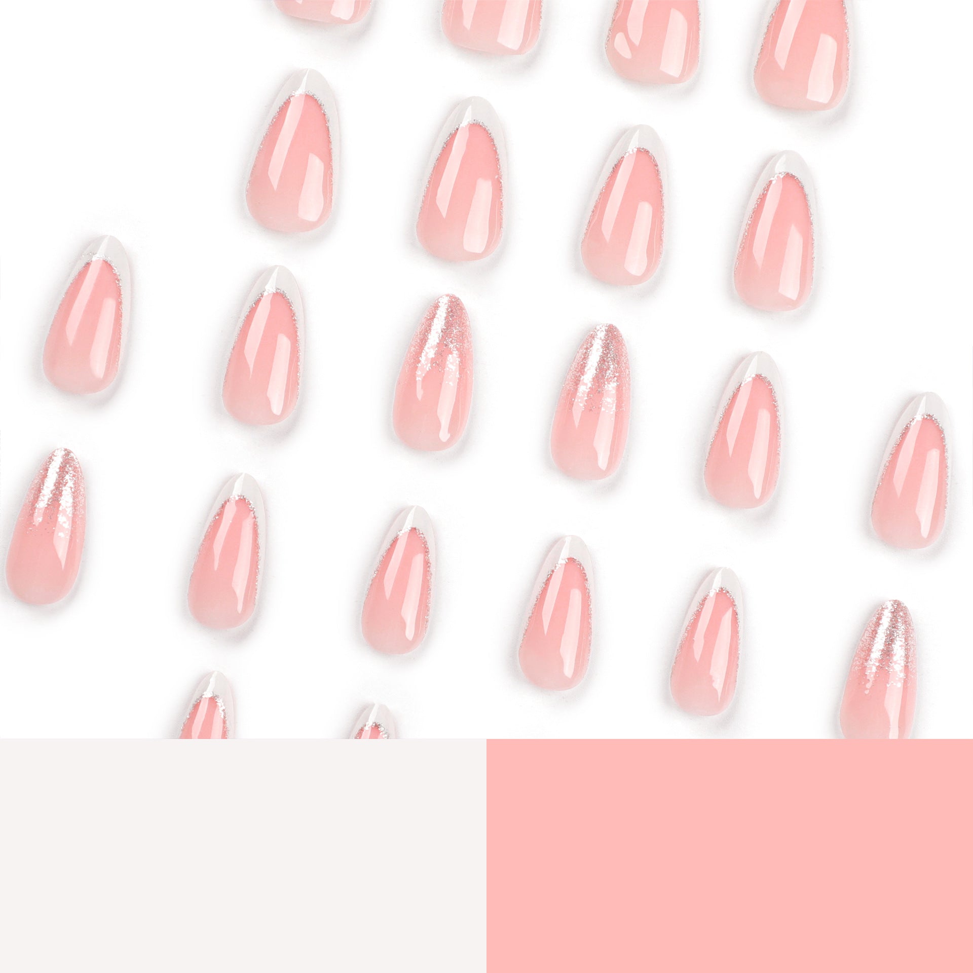 Manicura francesa con borde blanco nude, uñas postizas con purpurina plateada, uñas cortas almendradas, uñas postizas al por mayor | 365nails