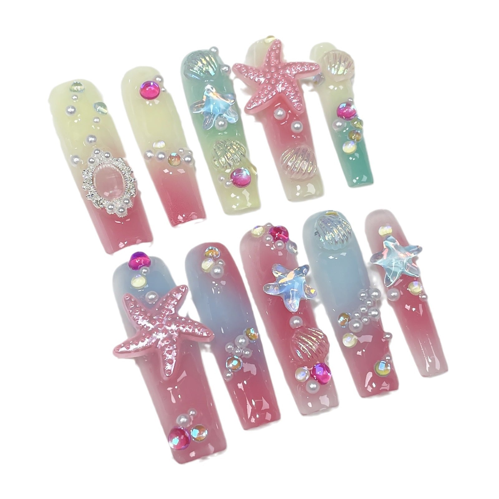 Manicure de cachimbo de água longo, multicolorido, irregular, mudança gradual, aquário, unhas postiças artesanais, usáveis|365nails