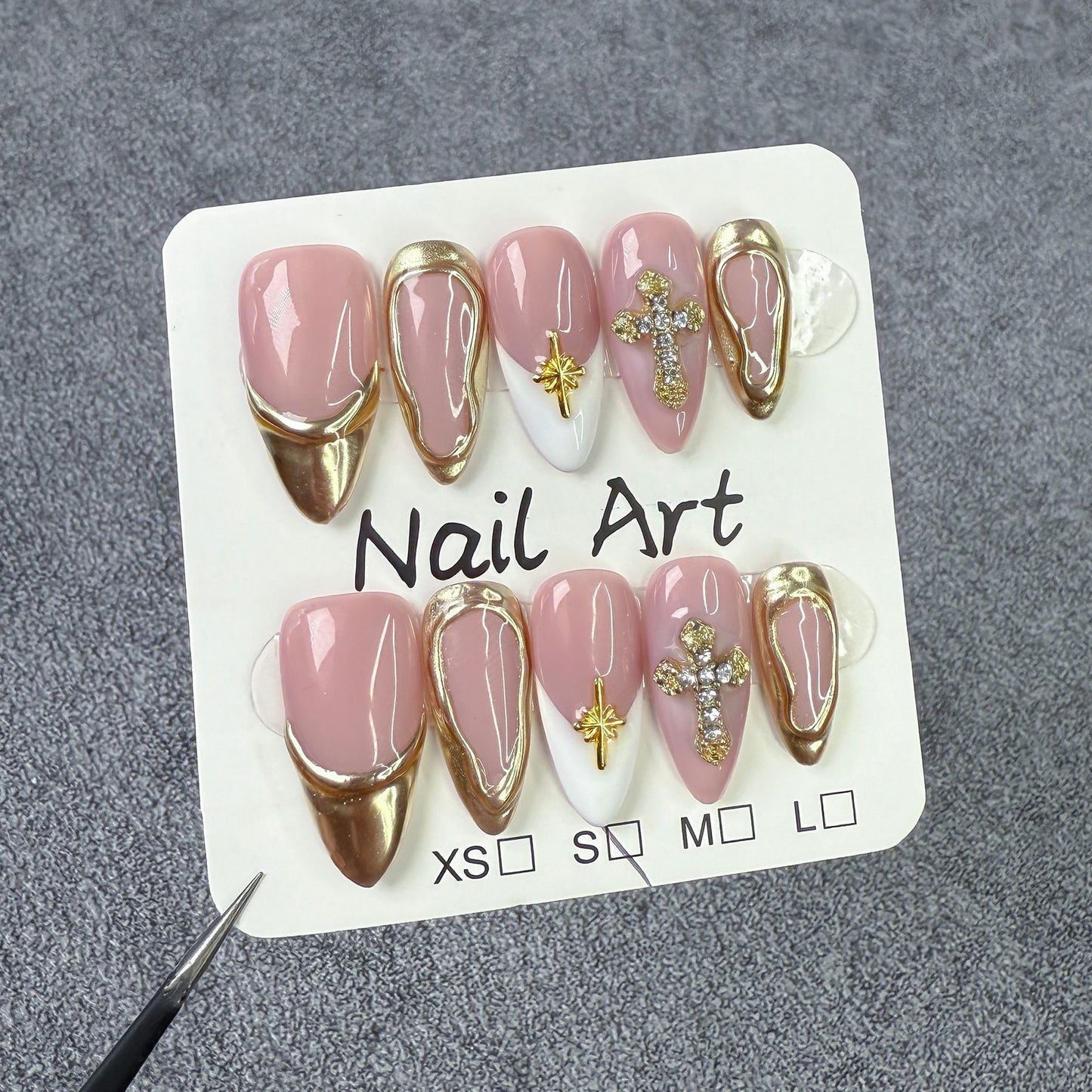 Ice transparent French almond armor simple blush armor metal wind cross Handmade press on nails|365nails