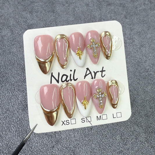 Ice transparent French   almond armor simple blush armor metal wind cross Handmade press on nails|365nails