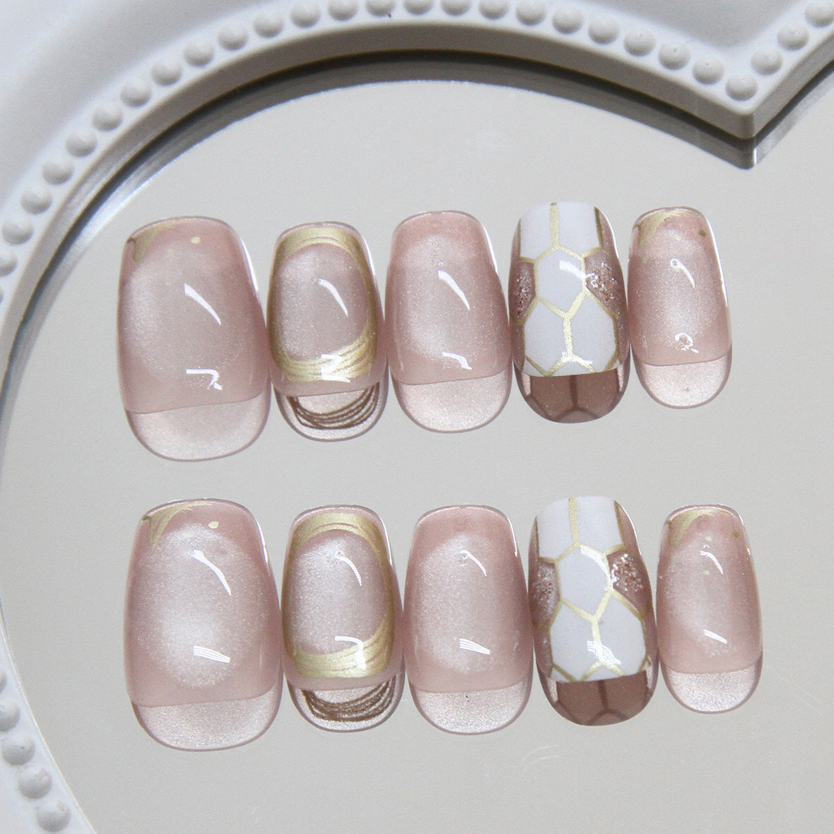 Nail Tips prefabricated nail, gold line press on nails, light pink, sweet cat eye removable nail piece, short nail |365nails
