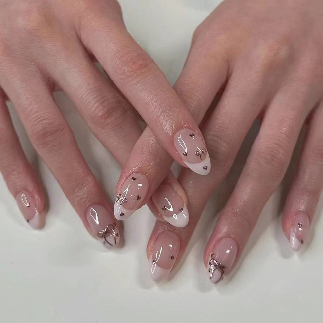Wear nail pieces French pink nail art bow love fake nails Internet celebrity nail art pieces wholesale|365nails