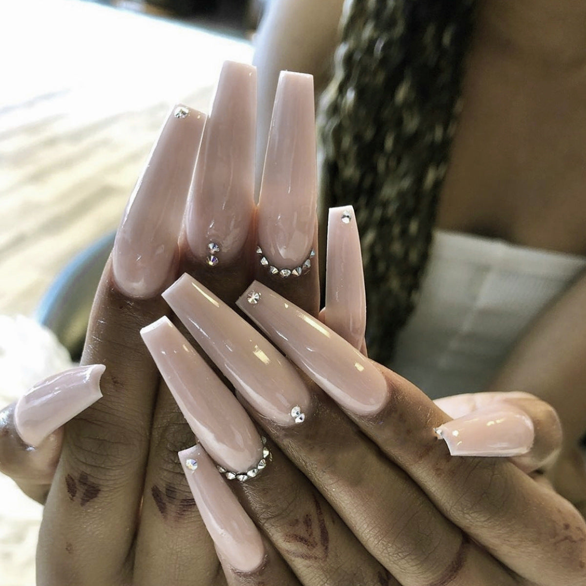 Evaporated milk brown full diamond long ballet finished manicure patch nail patch waterproof and removable|365nails