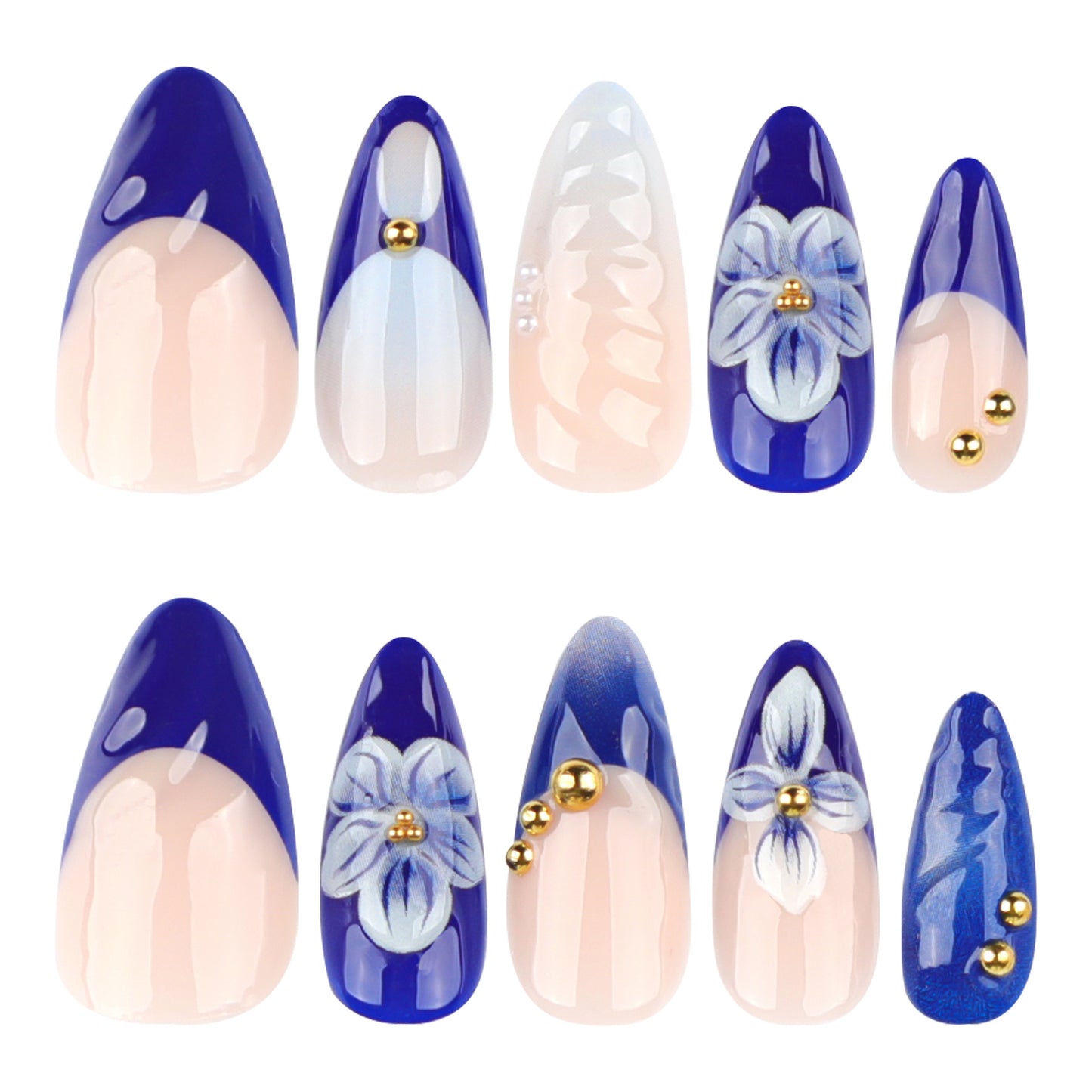 3D Blue Flower Almond Long Removable press-on nails
