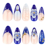 3D Blue Flower Almond Long Removable press-on nails