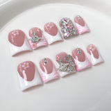 Duckbill Shape nail, sweet and simple French manicure, full of diamonds, flash ice, high-end handmade press on nails|365nails