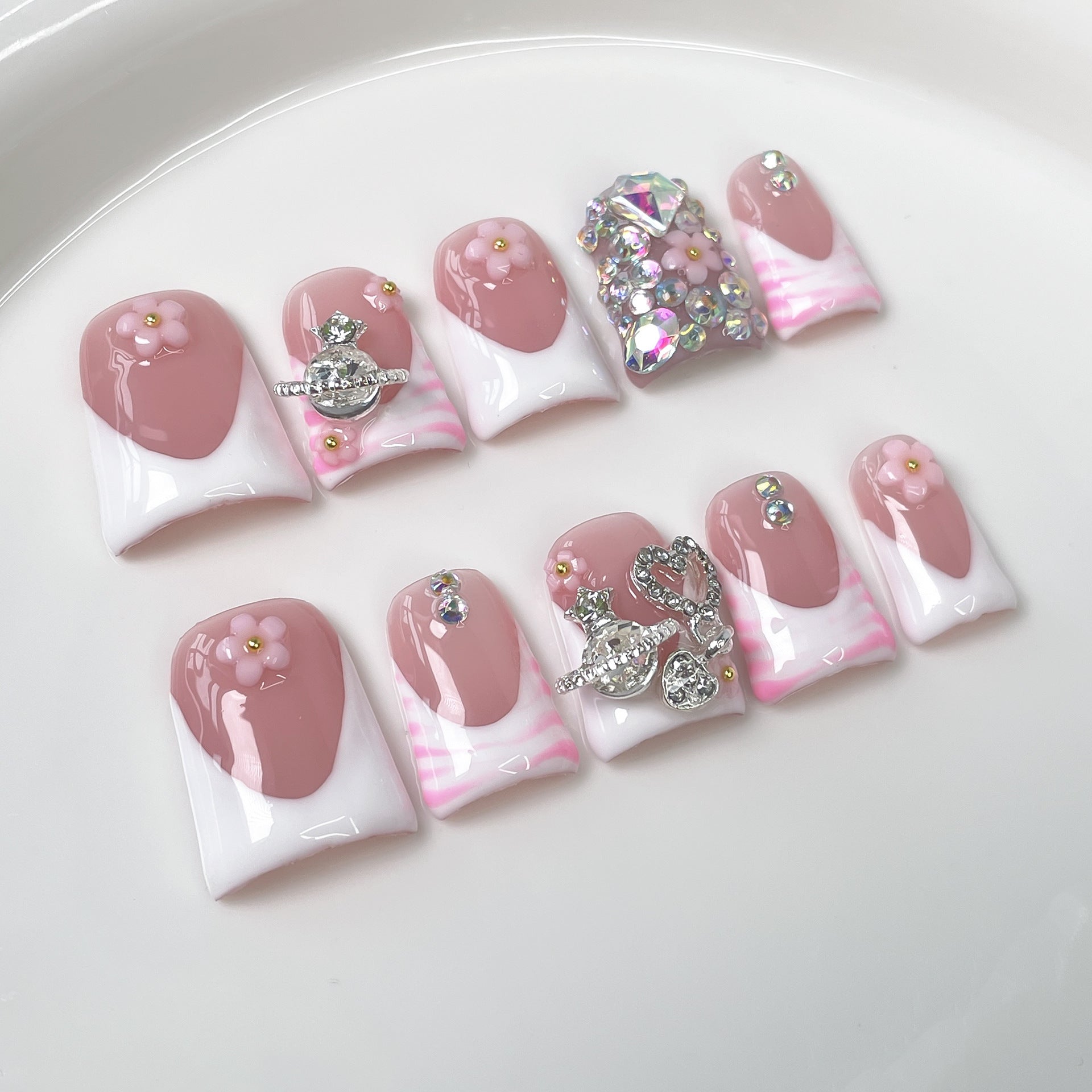 Duckbill Shape nail, sweet and simple French manicure, full of diamonds, flash ice, high-end handmade press on nails|365nails